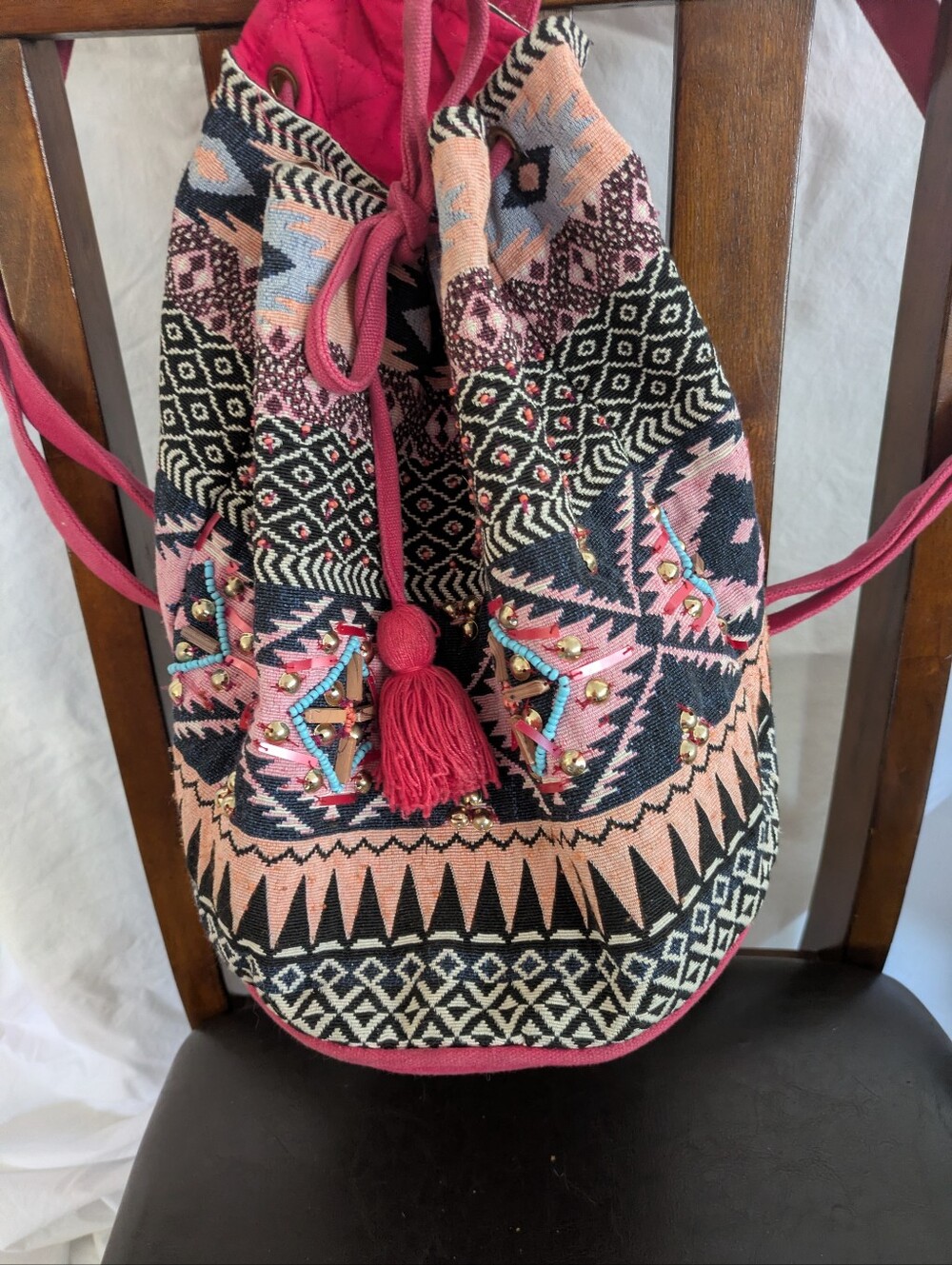 Lovestitch Boho Pink Patterned Drawstring Backpack